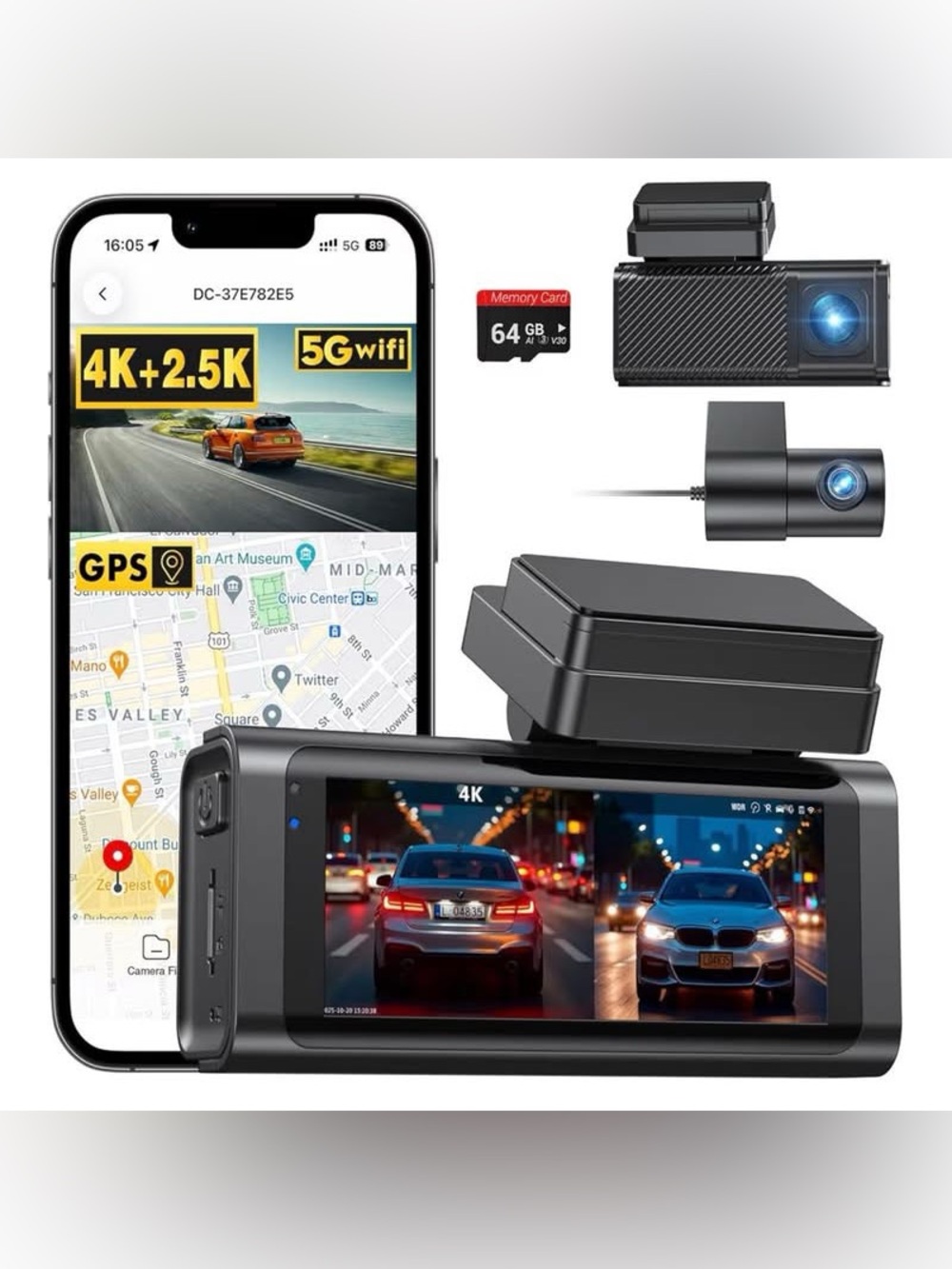 4K+2.5K Dash Cam Front and Rear, 2-Channel Car Camera with 5.8G WiFi GPS